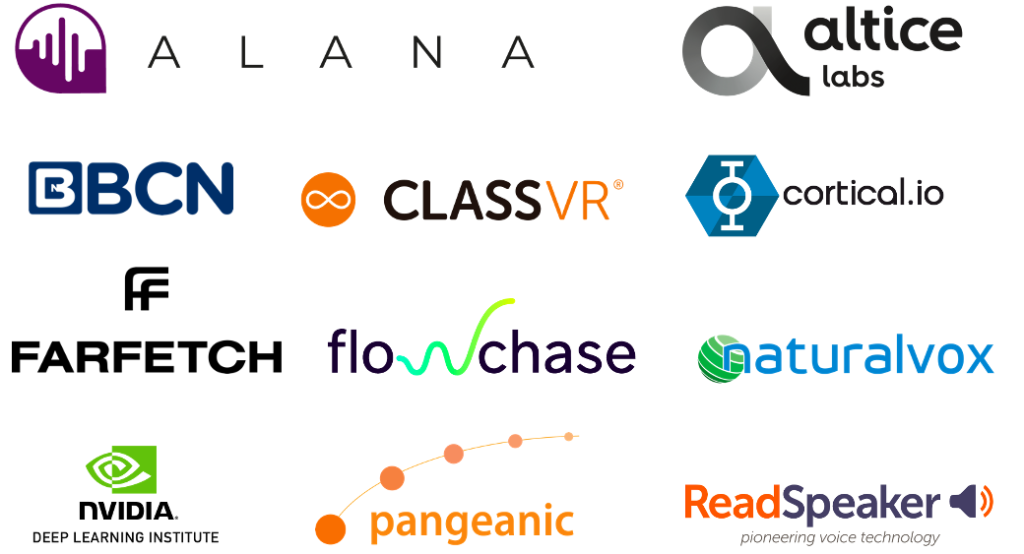 Logos of the participating companies: Alana, Altice labs, BBCN, ClassVR, Cortical.io, Farfetch, Flowchase, Narturalvox, Nvidia Deep learning institute, Pangeanic, ReadSpeaker.